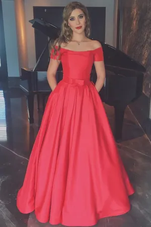 Elegant Coral Short Sleeves Off the Shoulder Ball Gown Cheap Prom Dress With Pocket PFP0430