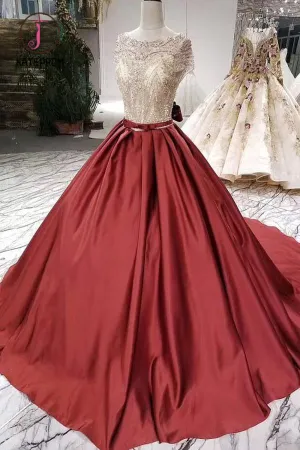 Kateprom Ball Gown Satin Prom Dress with Beading, Long Formal Dresses with Short Sleeves KPP0951