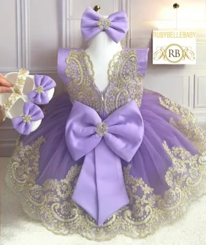 Melissa Girls Bow Dress - Lilac/Gold