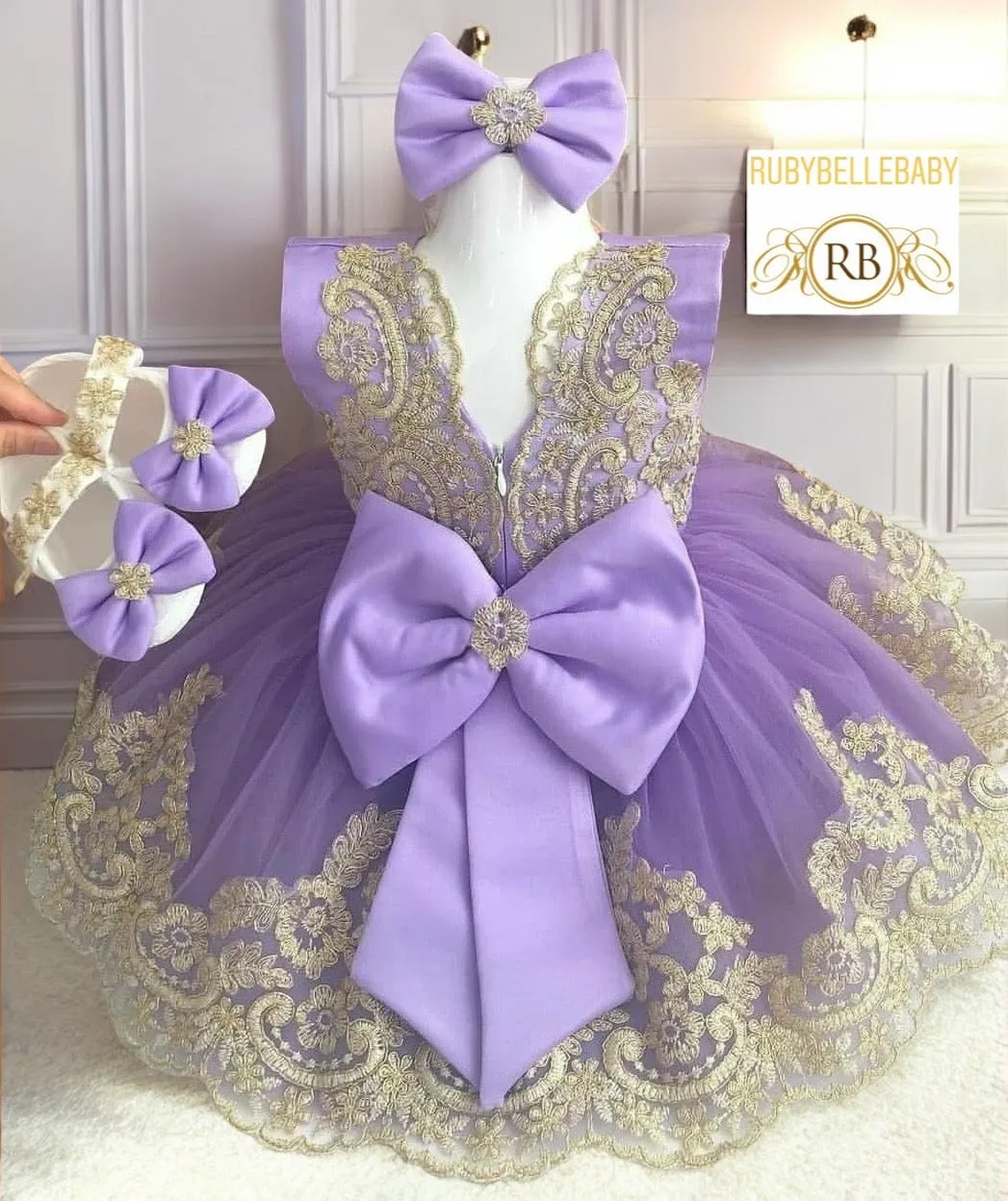 Melissa Girls Bow Dress - Lilac/Gold