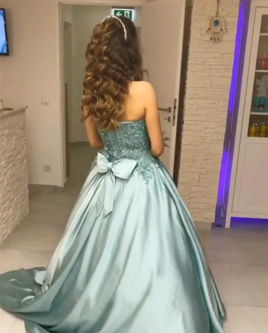 Princess Blue Beaded Sweetheart Strapless Ball Gown Long Prom Dresses PFP0282