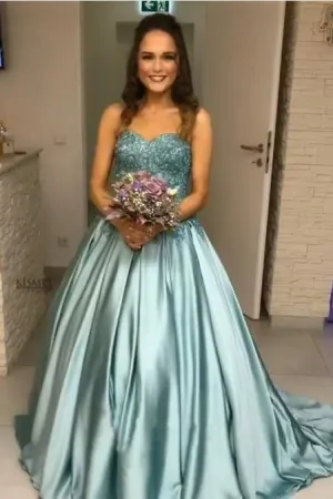 Princess Blue Beaded Sweetheart Strapless Ball Gown Long Prom Dresses PFP0282