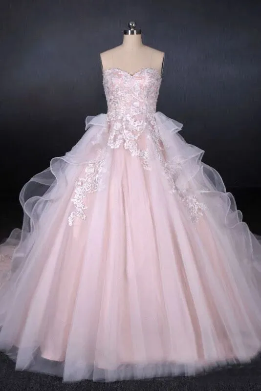 Romantic Pearl Pink Ball Gown Wedding Dress, Sweetheart Appliques Bridal Gown PFW0418