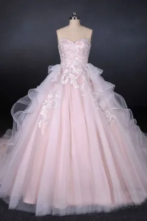 Romantic Pearl Pink Ball Gown Wedding Dress, Sweetheart Appliques Bridal Gown PFW0418