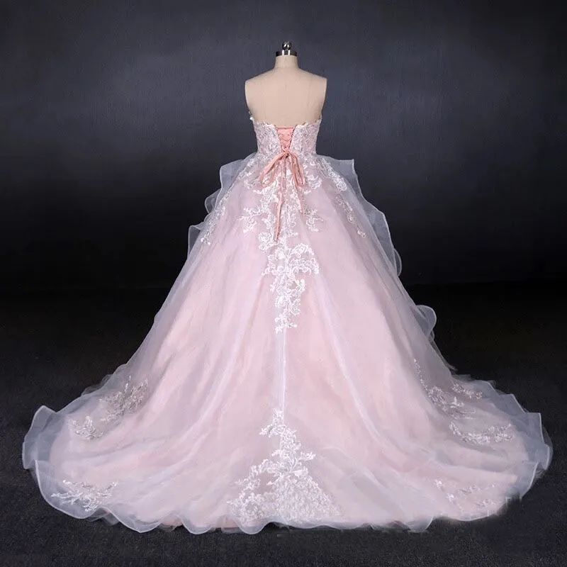Romantic Pearl Pink Ball Gown Wedding Dress, Sweetheart Appliques Bridal Gown PFW0418