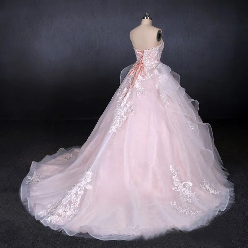 Romantic Pearl Pink Ball Gown Wedding Dress, Sweetheart Appliques Bridal Gown PFW0418