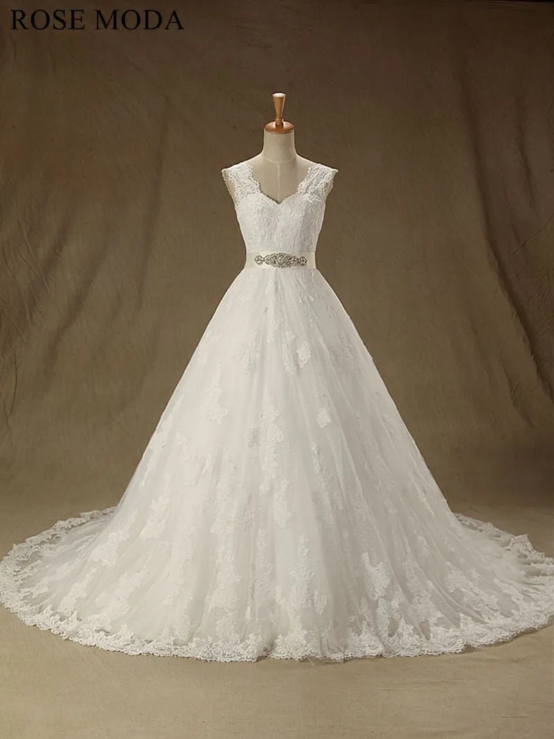 Rosemoda Cap Sleeve Chantilly Lace  Ball Gown Wedding Dress With Crystal Belt