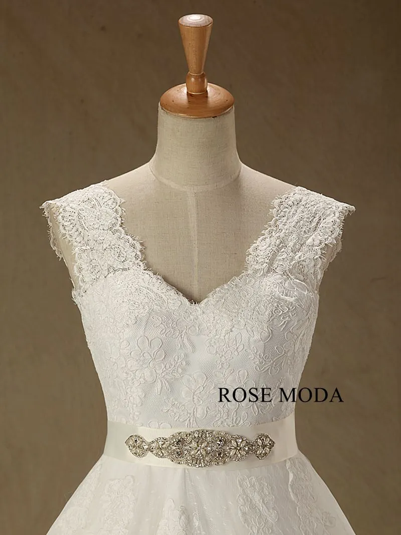 Rosemoda Cap Sleeve Chantilly Lace  Ball Gown Wedding Dress With Crystal Belt