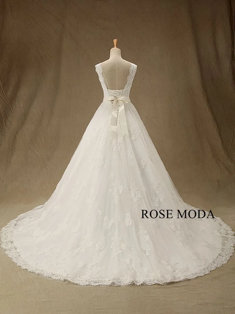 Rosemoda Cap Sleeve Chantilly Lace  Ball Gown Wedding Dress With Crystal Belt
