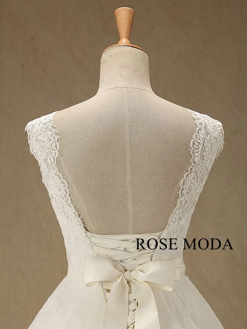 Rosemoda Cap Sleeve Chantilly Lace  Ball Gown Wedding Dress With Crystal Belt