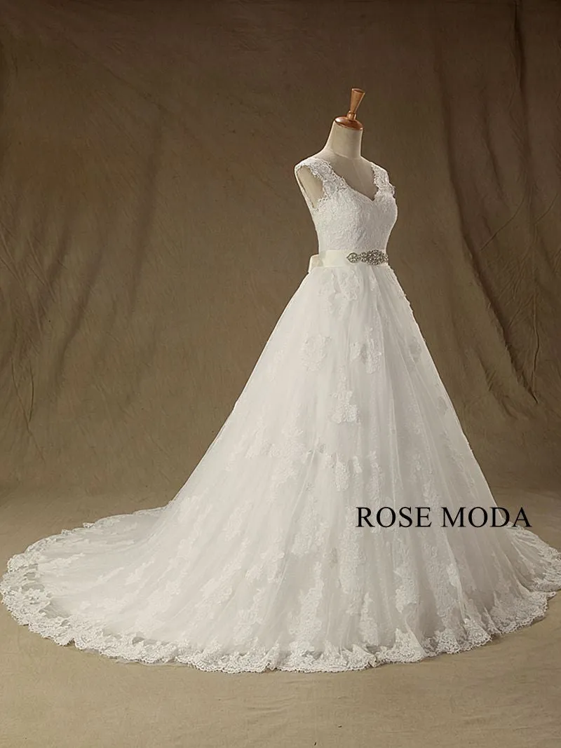 Rosemoda Cap Sleeve Chantilly Lace  Ball Gown Wedding Dress With Crystal Belt