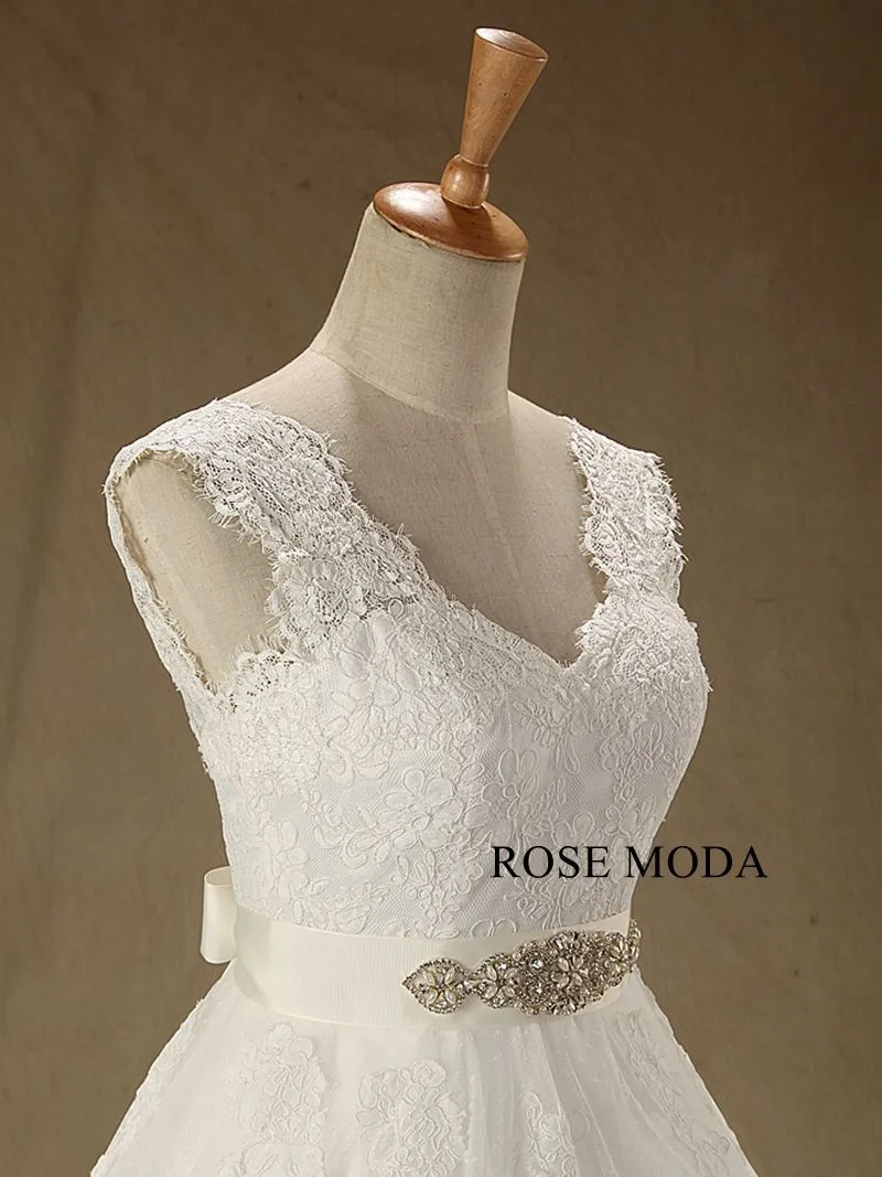 Rosemoda Cap Sleeve Chantilly Lace  Ball Gown Wedding Dress With Crystal Belt