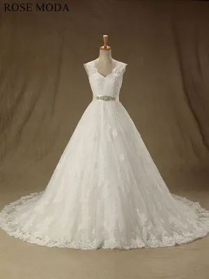 Rosemoda Cap Sleeve Chantilly Lace  Ball Gown Wedding Dress With Crystal Belt