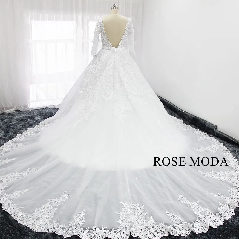 Rosemoda Long Sleeve Illusion Bodice Lace Ball Gown Wedding Dress With Royal Train