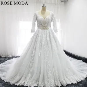 Rosemoda Long Sleeve Illusion Bodice Lace Ball Gown Wedding Dress With Royal Train