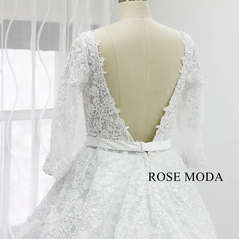 Rosemoda Long Sleeve Illusion Bodice Lace Ball Gown Wedding Dress With Royal Train