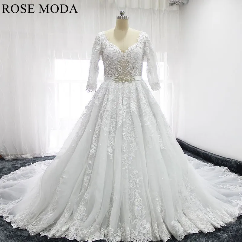Rosemoda Long Sleeve Illusion Bodice Lace Ball Gown Wedding Dress With Royal Train