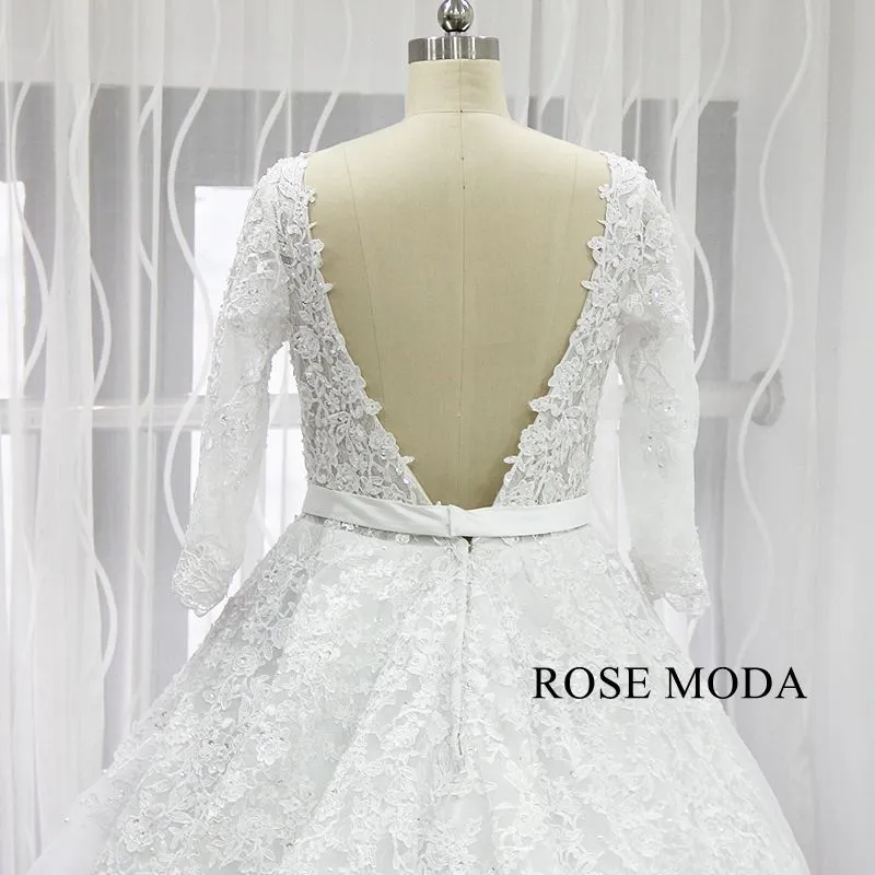 Rosemoda Long Sleeve Illusion Bodice Lace Ball Gown Wedding Dress With Royal Train