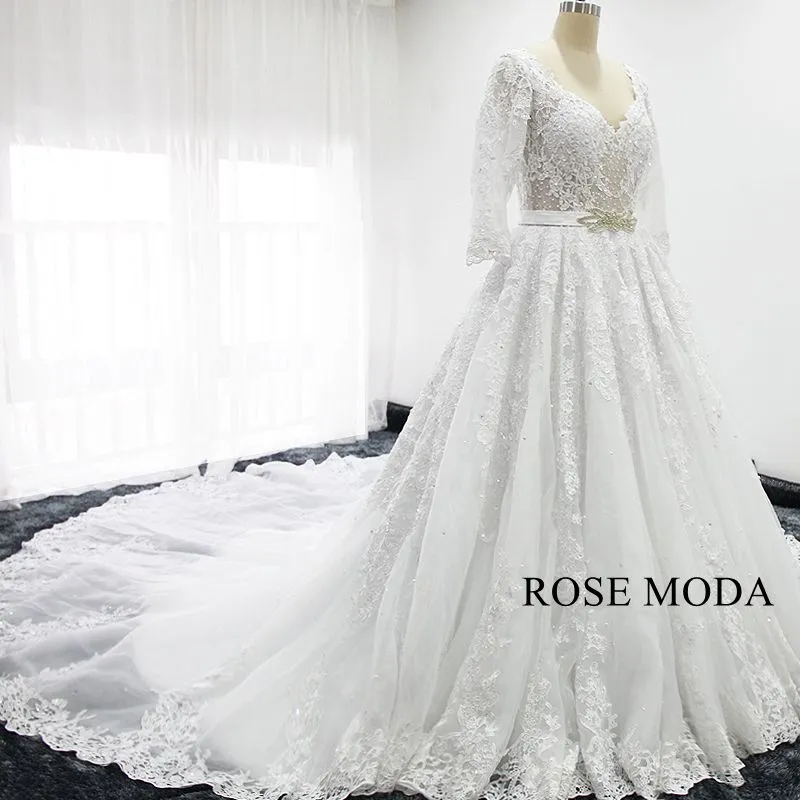Rosemoda Long Sleeve Illusion Bodice Lace Ball Gown Wedding Dress With Royal Train