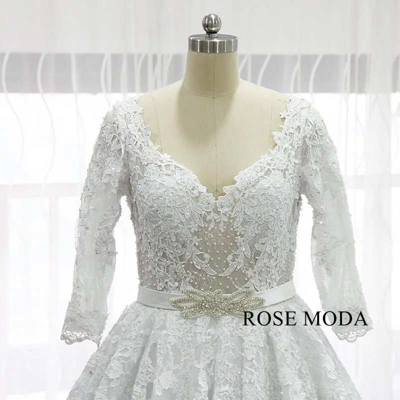 Rosemoda Long Sleeve Illusion Bodice Lace Ball Gown Wedding Dress With Royal Train