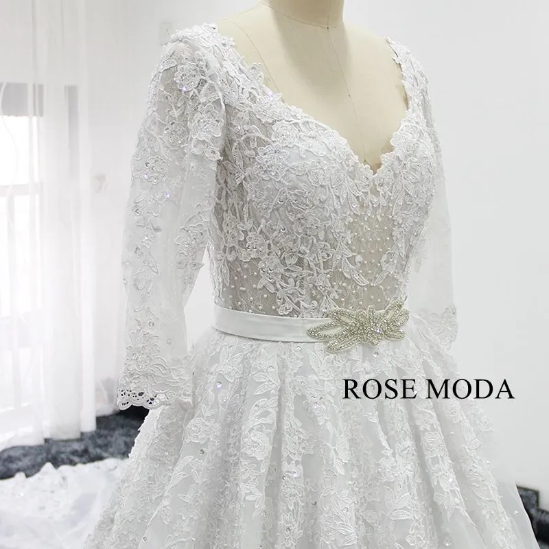 Rosemoda Long Sleeve Illusion Bodice Lace Ball Gown Wedding Dress With Royal Train