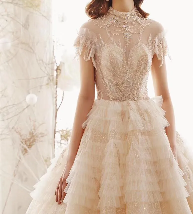 Unique High Neck Wedding Dress, Princess Short Sleeves Lace Tulle Wedding Gown N1627