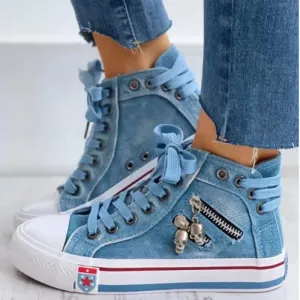 Women’S Denim High-Top Back Lace-UP Design Canvas Sneakers Shoes