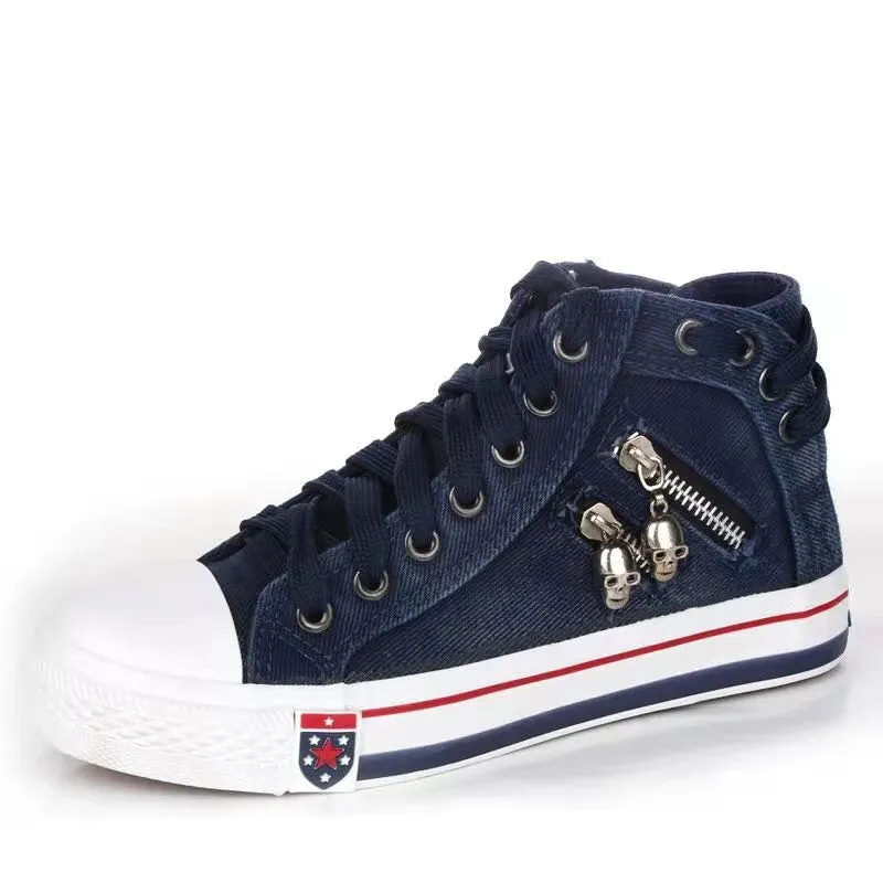 Women’S Denim High-Top Back Lace-UP Design Canvas Sneakers Shoes