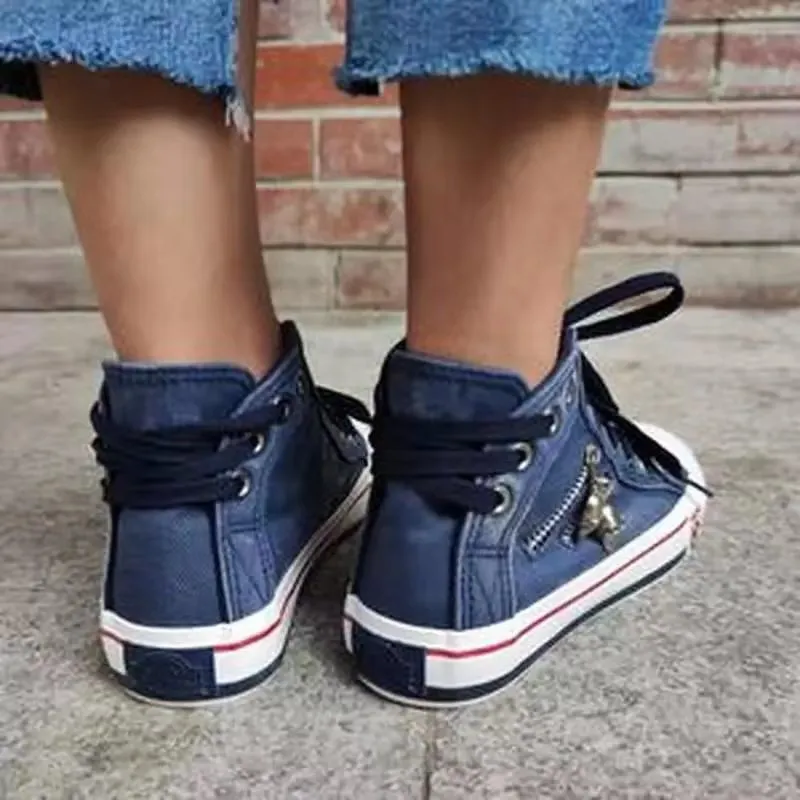 Women’S Denim High-Top Back Lace-UP Design Canvas Sneakers Shoes