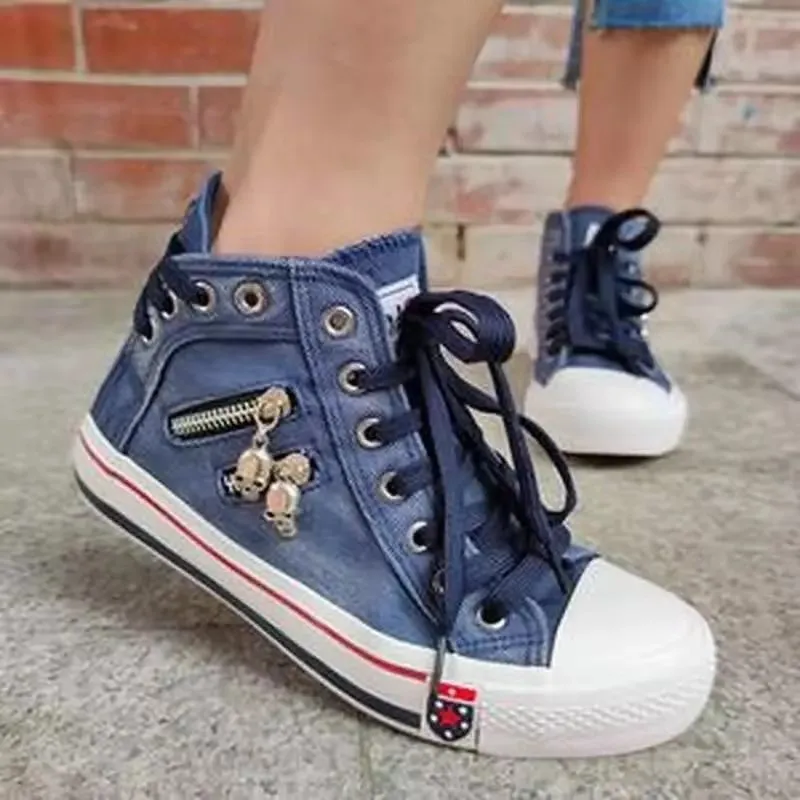 Women’S Denim High-Top Back Lace-UP Design Canvas Sneakers Shoes