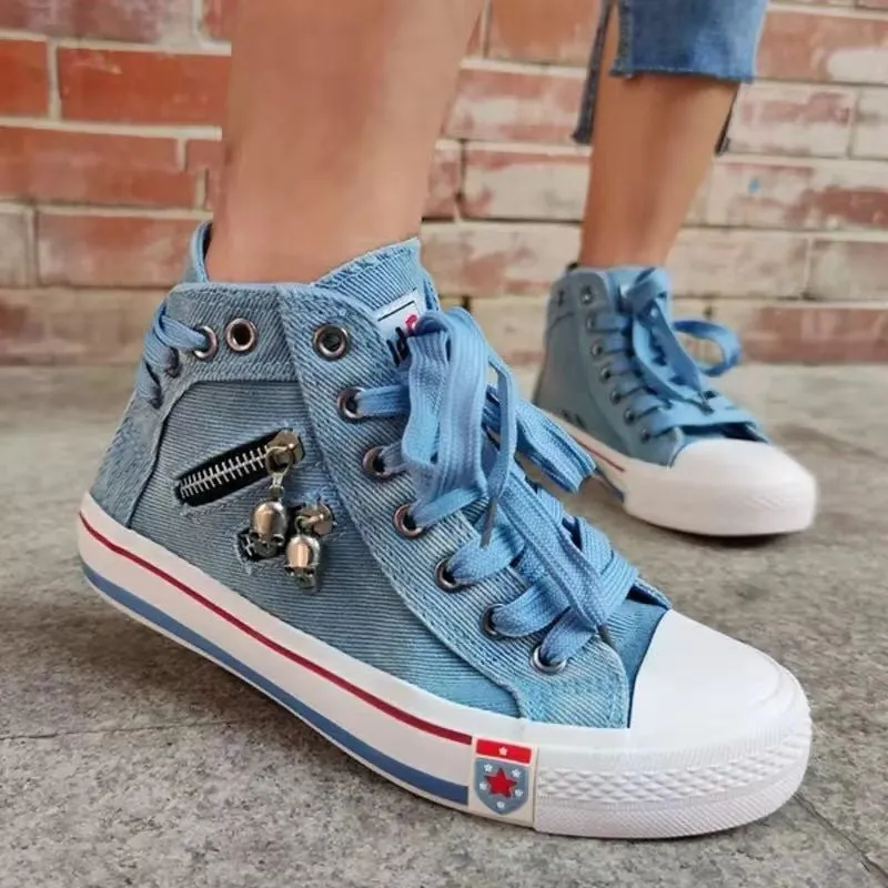 Women’S Denim High-Top Back Lace-UP Design Canvas Sneakers Shoes