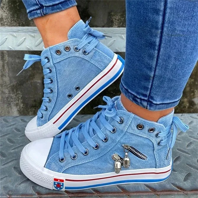 Women’S Denim High-Top Back Lace-UP Design Canvas Sneakers Shoes